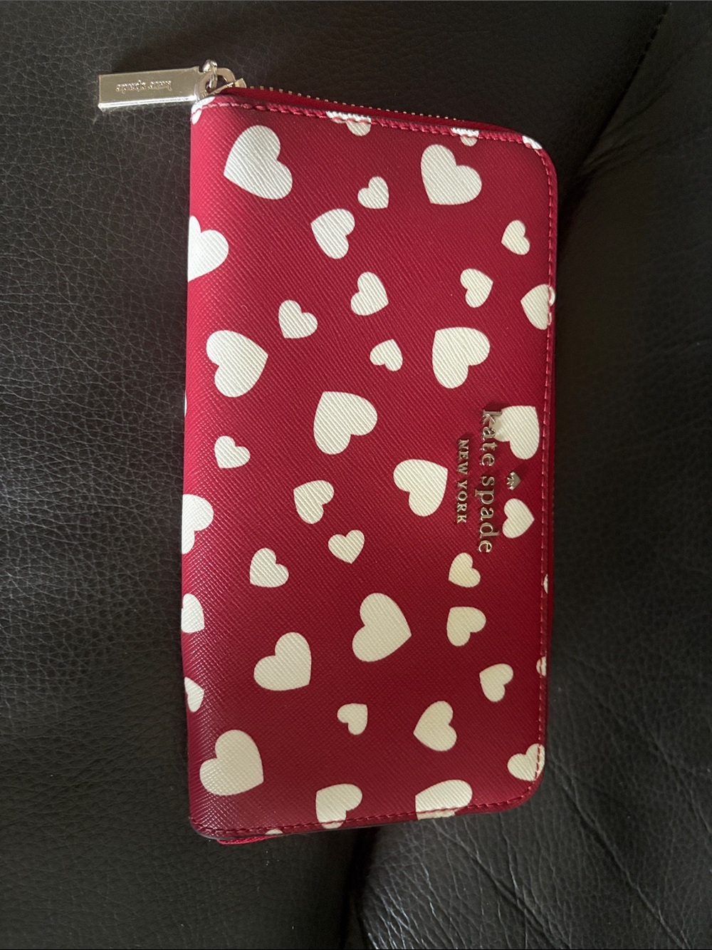 kate spade red wallet with white heart print